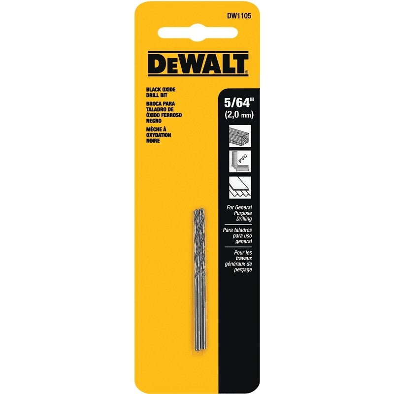 DEWALT DW1105 Jobber Drill Bit, 5/64 in Dia, 2 in OAL, Parabolic Flute, 5/64 in Dia Shank, Round Shank (Pack of 5)