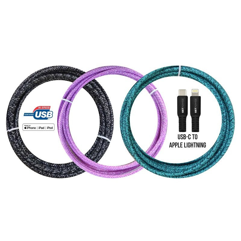 GetPower GP-XL-BRDC-L Power Delivery Braided Charging Cable, USB-C, Apple Lightning, 10 ft Cable, Multi-Color