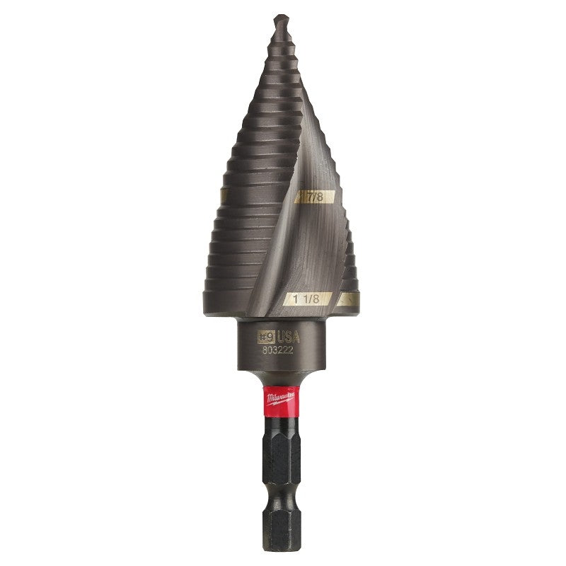 Milwaukee SHOCKWAVE Impact Duty 48-89-9249 Step Drill Bit, 7/8 to 1-1/8 in Dia, Spiral Flute, 2-Flute, Hex Shank