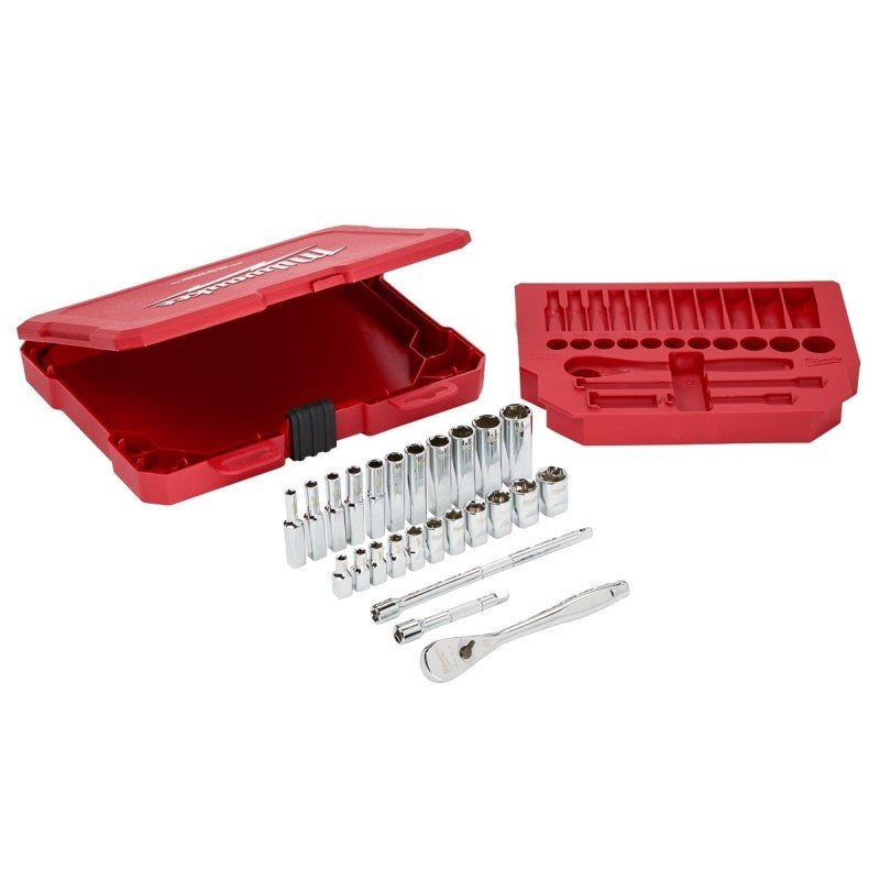 Milwaukee 48-22-9404 Ratchet and Socket Set, Alloy Steel, Chrome, Specifications: 1/4 in Drive Size, SAE Measurement