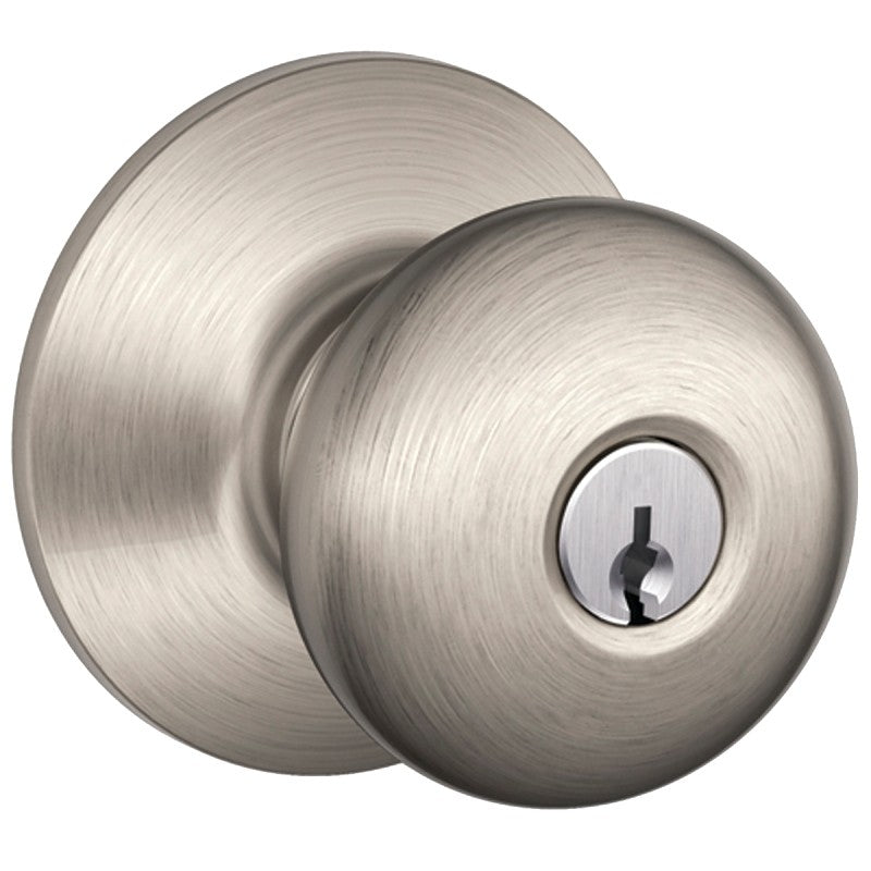 Schlage F Series F51A VPLY619 Entry Knob, Plymouth, Knob Handle, Satin Nickel, Metal, C Keyway, 2-3/4 in Dimensions, Yes