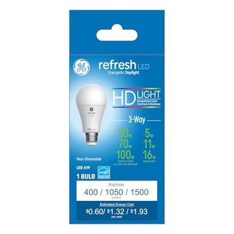 GE 93127691 Bulb, A19 Lamp, 30, 70, 100 W Equivalent, Medium E26/24 Lamp Base, No, Soft White, 5000 K Color Temp