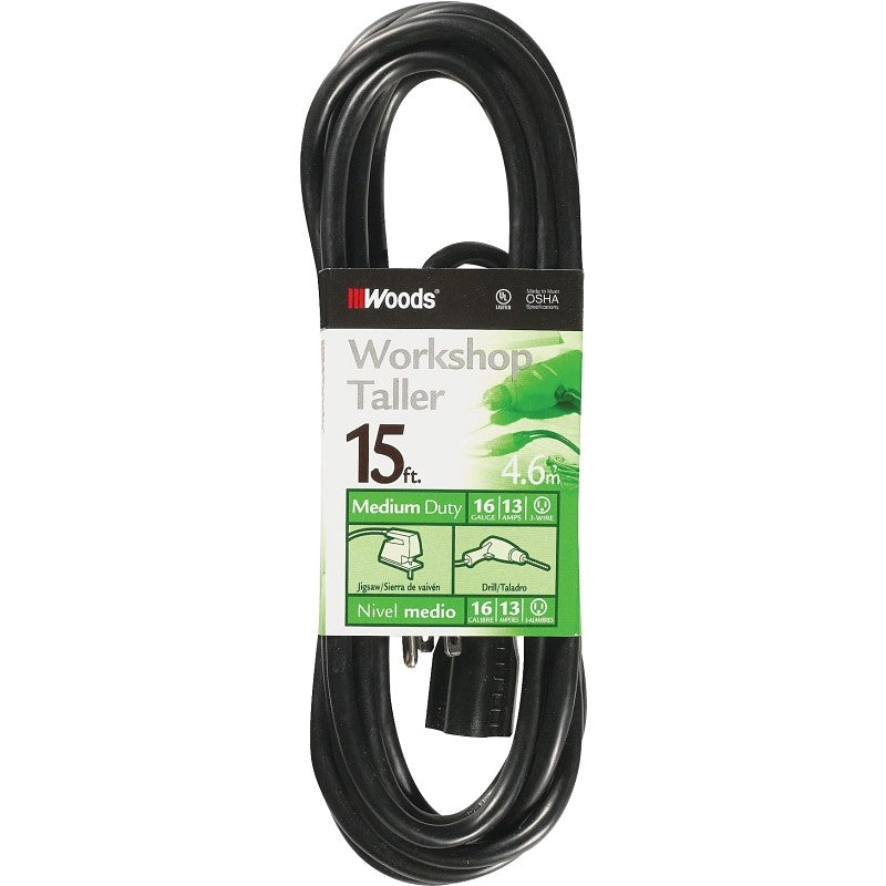 Woods 990261 Extension Cord, 16 AWG Cable, 15 ft L, 13 A, 125 V, Black