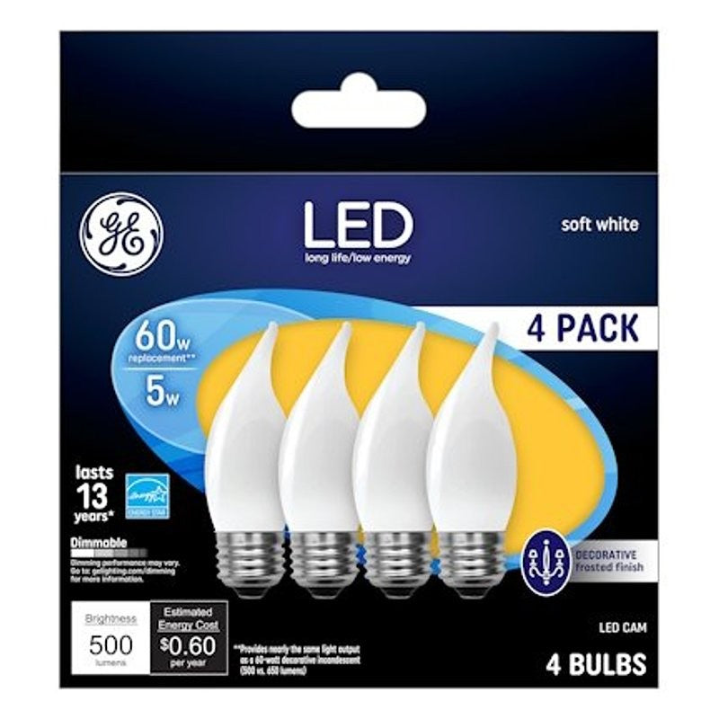 GE 93129351 LED Bulb, Flame Lamp, 60 W Equivalent, Medium Lamp Base, Dimmable, Frosted, Warm White Light