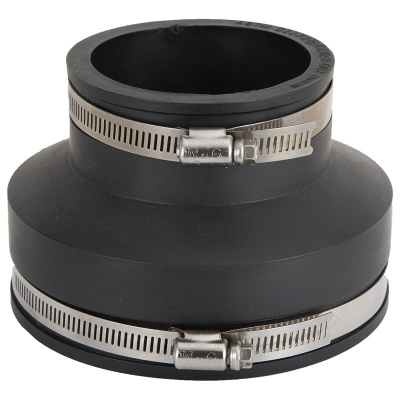 ProSource KJ-008 Coupling, 4 x 3 in, Clay to cast iron or plastic pipes, PVC, Black