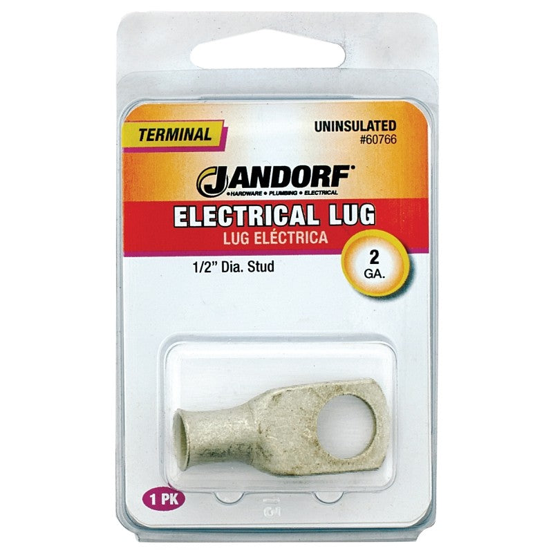 Jandorf 60766 Electrical Lug, 2 AWG Wire, 1/2 in Stud, Copper Contact