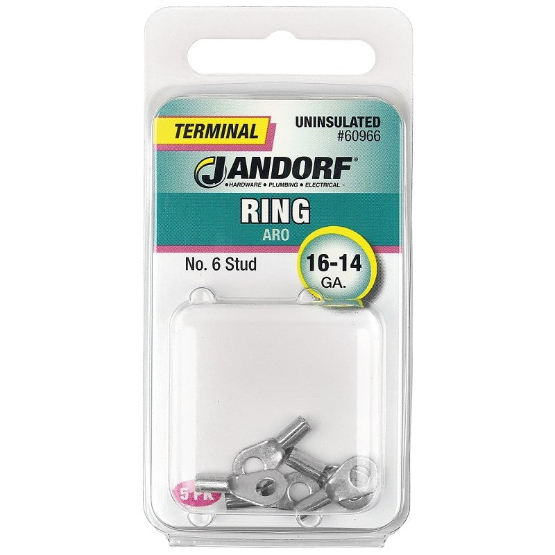 Jandorf 60966 Ring Terminal, 16 to 14 AWG Wire, #6 Stud, Copper Contact
