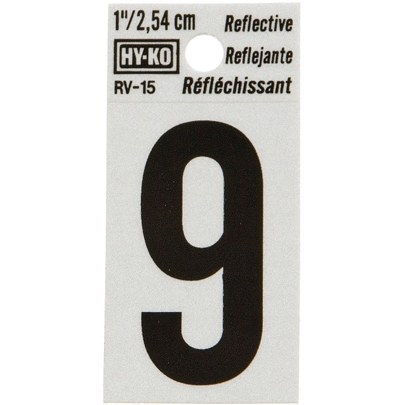 Hy-Ko RV-15/9 Reflective Sign, Character: 9, 1 in H Character, Black Character, Silver Background, Vinyl (Pack of 10)