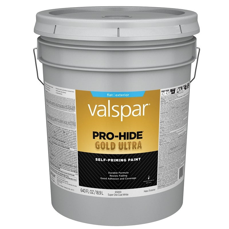 Valspar Pro-Hide Gold Ultra 6500 028.0065000.008 Latex Paint, Acrylic Base, Flat Sheen, Super One Coat White, 5 gal