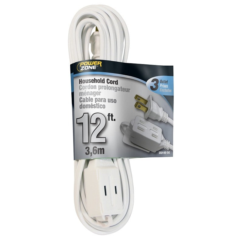 PowerZone OR660612 Extension Cord, 16 AWG Cable, 12 ft L, 125 V, White