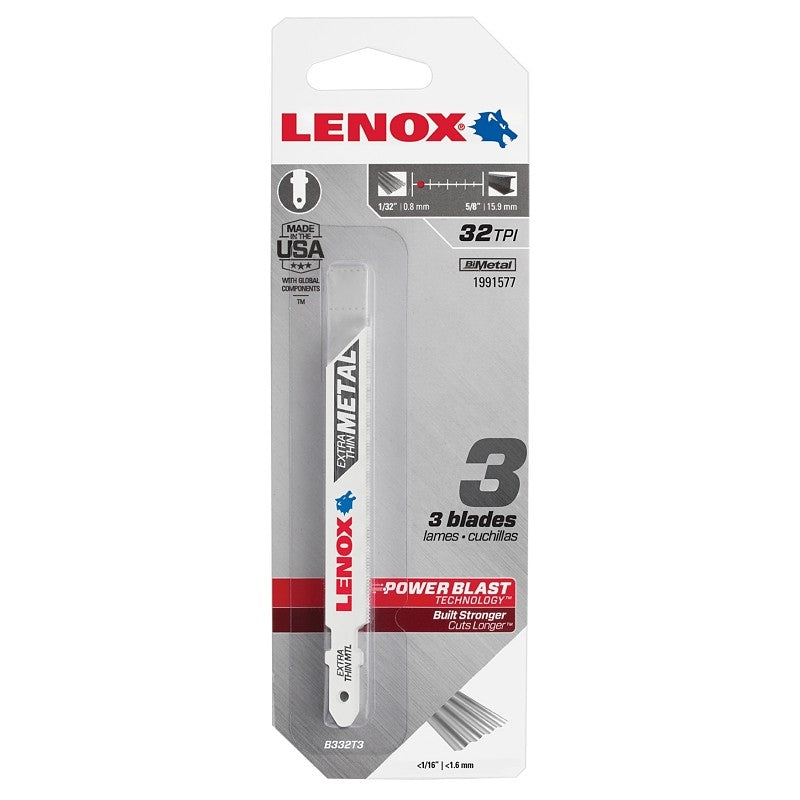 Lenox 1991577 Jig Saw Blade, 3/8 in W, 3-5/8 in L, 32 TPI, 3/PK