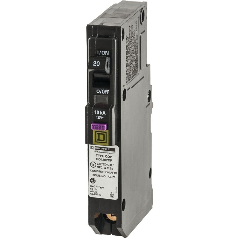 Square D QO120PDFC Circuit Breaker, CAFCI, Mini, 20 A, Plug, 1-Pole, 120 V