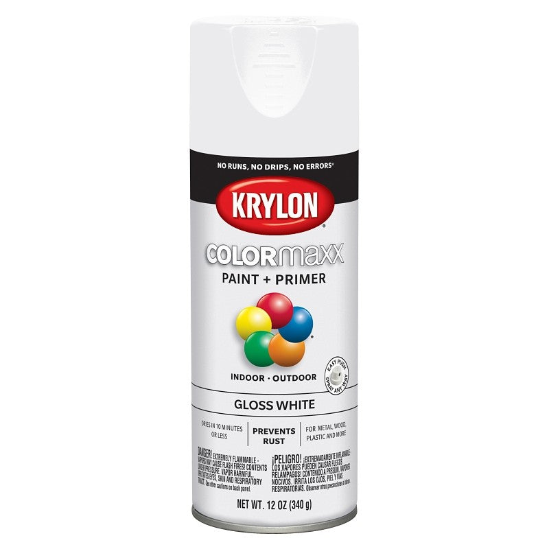 Krylon K05545007 Enamel Spray Paint, 12 oz Can, 25 sq-ft Coverage Area, Solvent Base, Gloss, White