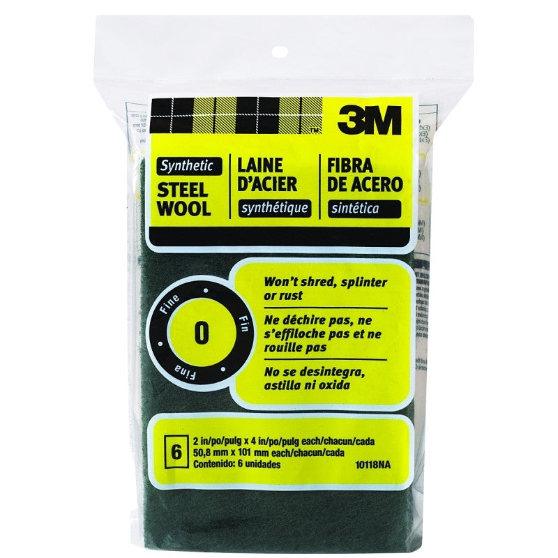 3M 10118 Steel Wool, 4 in L, 2 in W, #0 Grit, Fine, Green