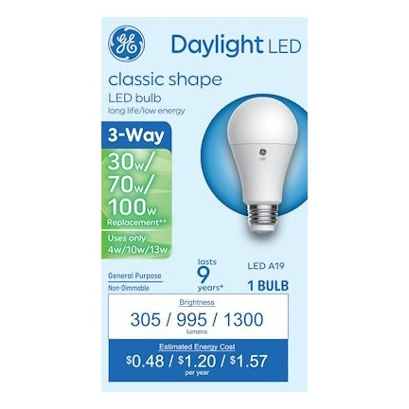 GE Basic Series 93131784 Light Bulb, Three-Way, A19 Lamp, 100 W Equivalent, DC Medium Lamp Base, Frosted, Daylight