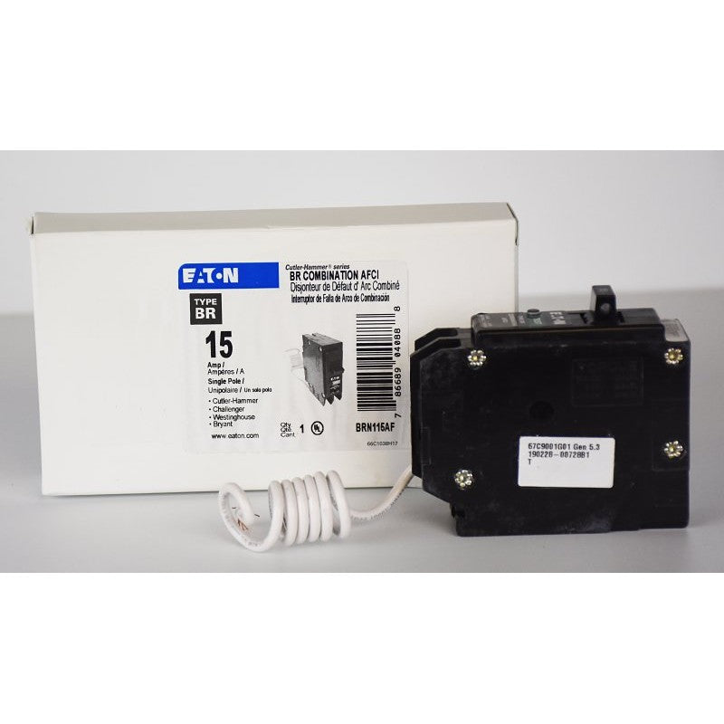 Eaton BRN115AF Circuit Breaker, Type BR, 15 A, 1-Pole, 120/240 V, Instantaneous, Long Time Trip, Pigtail