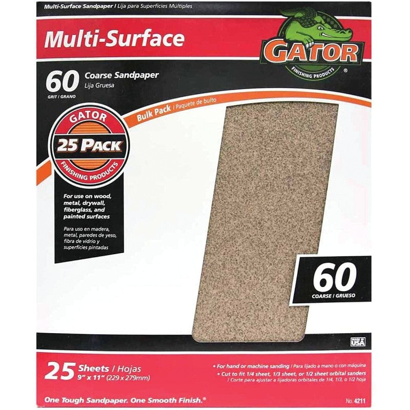 Gator 3266 Sanding Sheet, 11 in L, 9 in W, Coarse, 60 Grit, Aluminum Oxide Abrasive