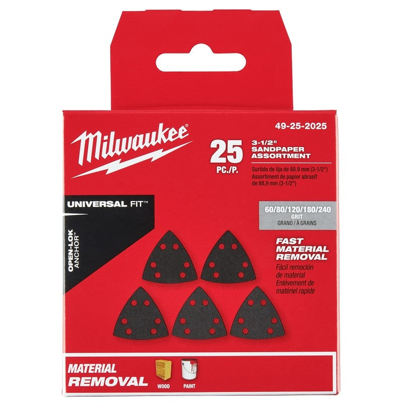 Milwaukee 49-25-2025 Triangle Sandpaper Variety Pack, 60, 80, 120, 180, 240 Grit, Silicon Carbide Abrasive, 3-1/2 in L