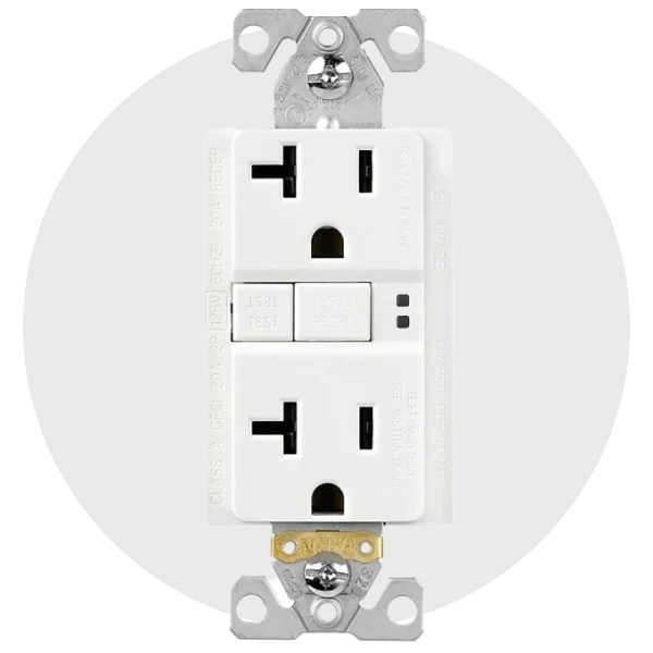 White GFCI electrical outlet with reset and test buttons – tamper-resistant wall receptacle for home electrical safety