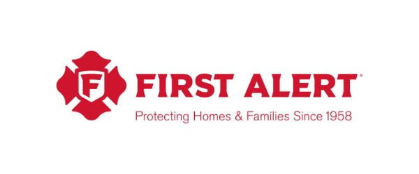 First Alert logo featuring a red shield emblem with the letter ‘F’ beside bold red text reading ‘First Alert’ and the tagline ‘Protecting Homes & Families Since 1958