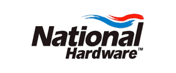 National Hardware logo featuring bold black text with red and blue swoosh accents above 