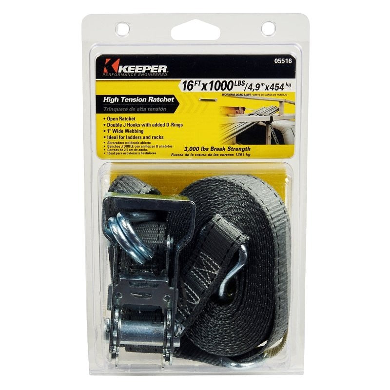 Keeper 05516 Tie-Down, 1 in W, 16 ft L, 1000 lb, J-Hook End Fitting