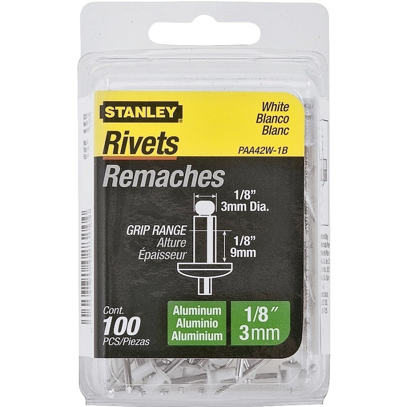 STANLEY PAA42W-1B Pop Rivet, Reusable, 1/8 in Grip, 1/8, 1-1/2 in L, Aluminum
