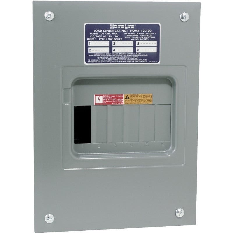 Square D Homeline HOM612L100FCP Load Center, 100 A, 6-Space, 12-Circuit, Main Lug, NEMA 1 Enclosure, Gray, Plug