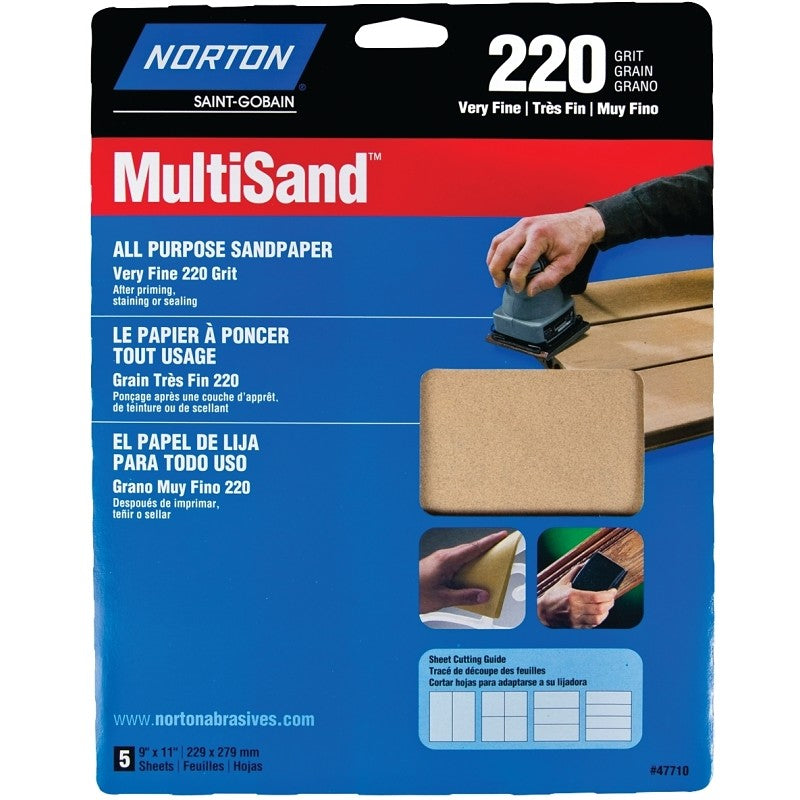 Norton MultiSand 07660747710 Sanding Sheet, Brown, 11 in L, 9 in W, Very Fine, 220 Grit