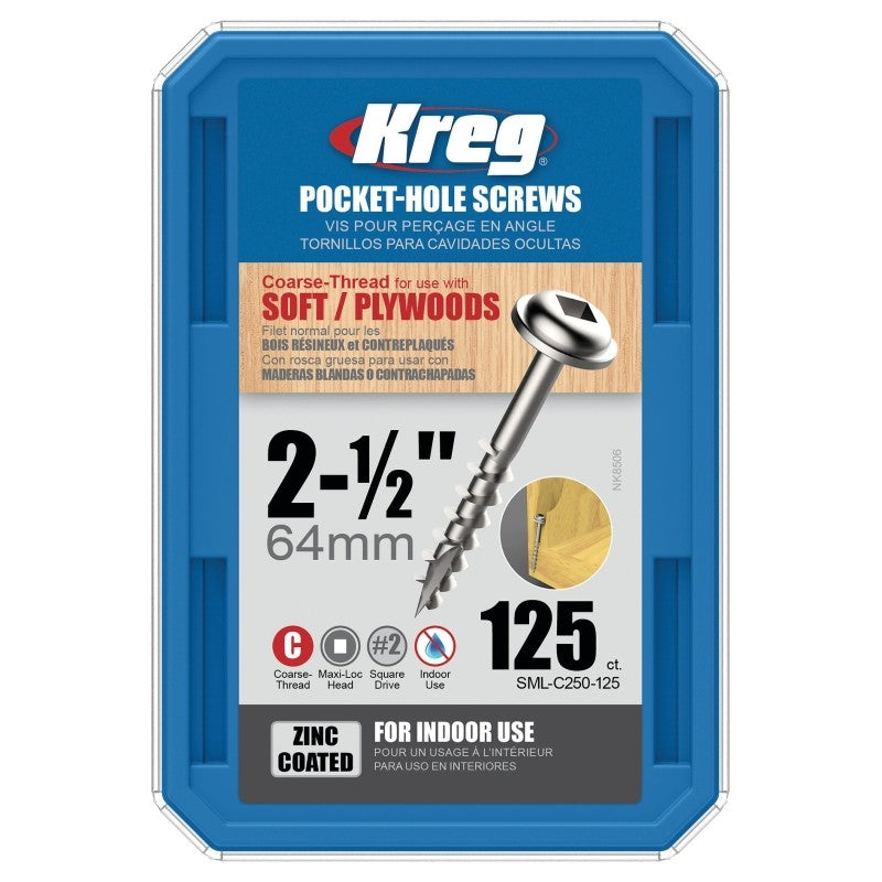 Kreg SML-C250-125 Pocket-Hole Screw, #8 Thread, 2-1/2 in L, Coarse Thread, Maxi-Loc Head, Square Drive, Steel, Zinc