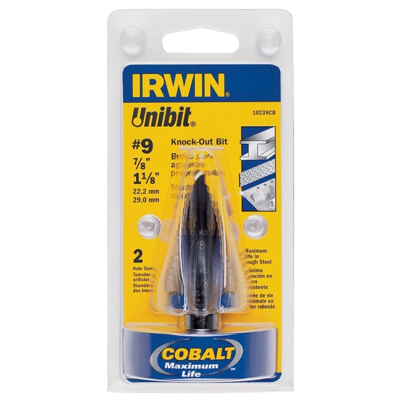 Irwin Unibit 10239 Step Drill Bit, 7/8 to 1-1/8 in Dia, 1-Flute, 7/16 in Dia Shank, Hex Shank