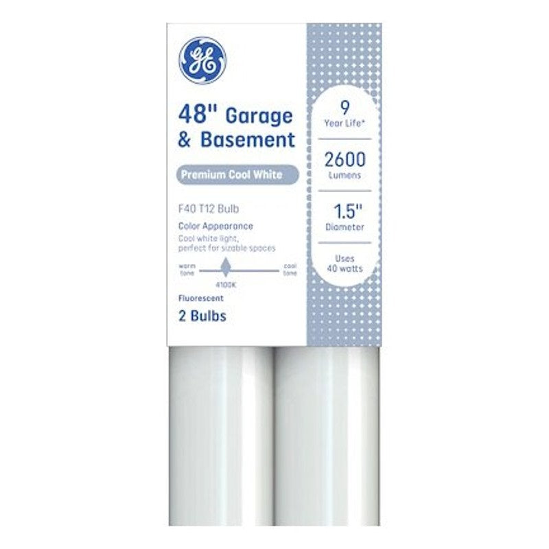 GE 93130676 Tube Light Bulb, 40 W, T12 Linear Lamp, G13 Bi-Pin Lamp Base, 2900 Lumens, 4100 K Color Temp, Cool White (Pack of 9)