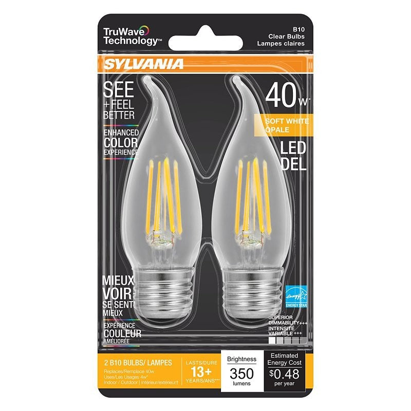 Sylvania 40756 Natural LED Bulb, Decorative, 350 Lumens, 4 W, B10 Bent Tip Lamp, 40 W Equivalent, E26 Lamp Base, Clear