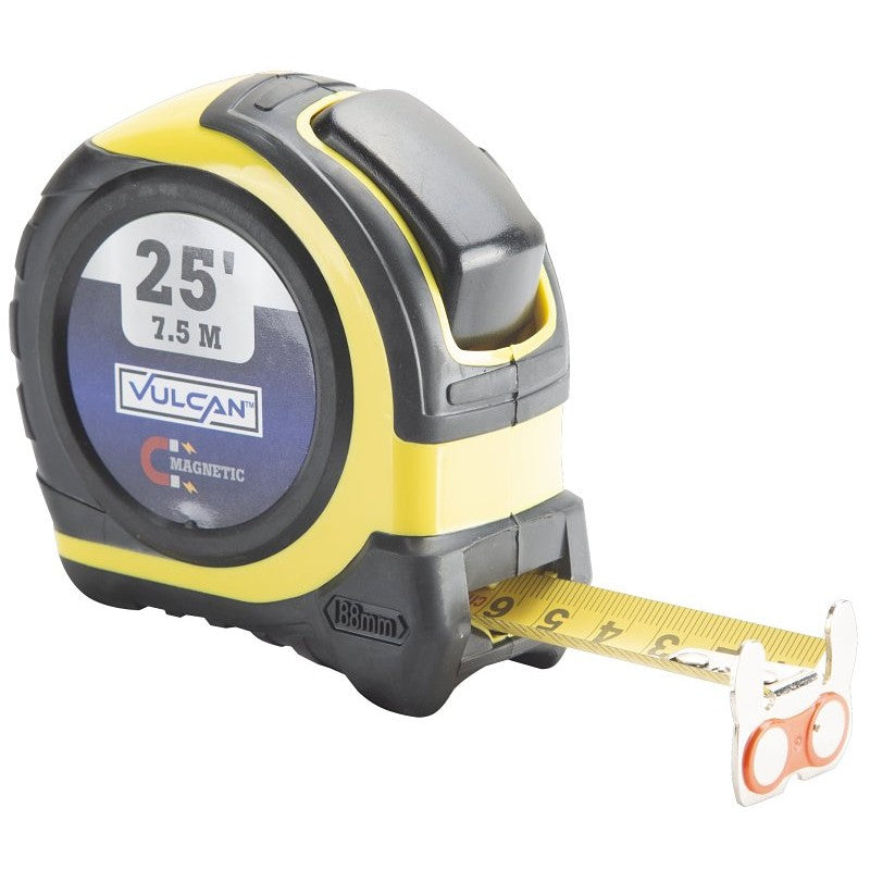 Vulcan 58-7.5X25-A Tape Measure, 25 ft L Blade, 1 in W Blade, Steel Blade, ABS Plastic Case, Yellow Case
