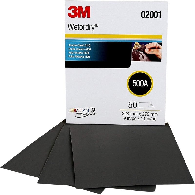 Wetordry Tri-M-ite 02001 Sandpaper Sheet, 11 in L, 9 in W, 500 Grit, Silicon Carbide Abrasive, Paper Backing (Pack of 50)