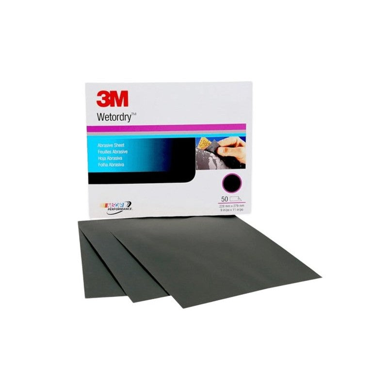 3M Wetrodry Series 02033 Abrasive Sheet, 11 in L, 9 in W, 1200 Grit, Fine, Silicon Carbide Abrasive (Pack of 50)