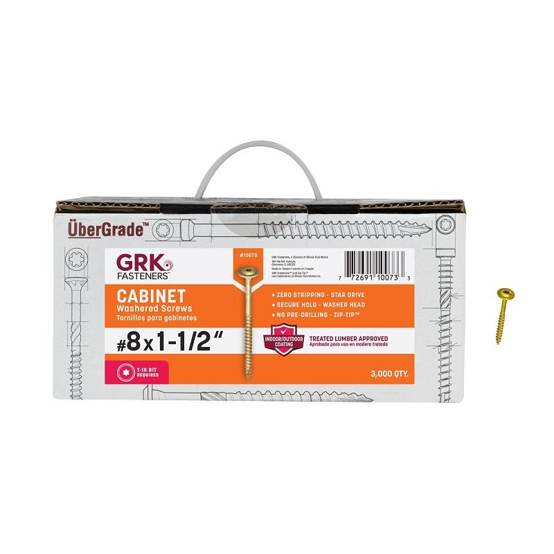 GRK Fasteners 10073 Cabinet Screw, #8 Thread, 1-1/2 in L, Washer Head, Star Drive, Steel, 3000 BX