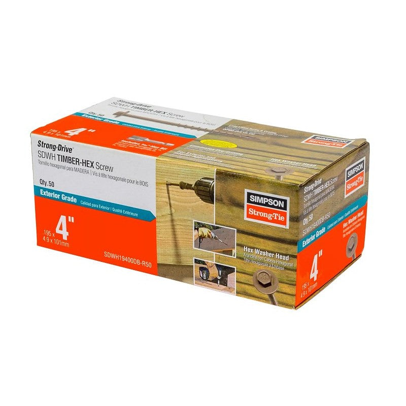 Simpson Strong-Tie Strong-Drive SDWH SDWH19400DB-R50 Timber Screw, 4 in L, Coarse Thread, Large Hex Washer Head, Tan