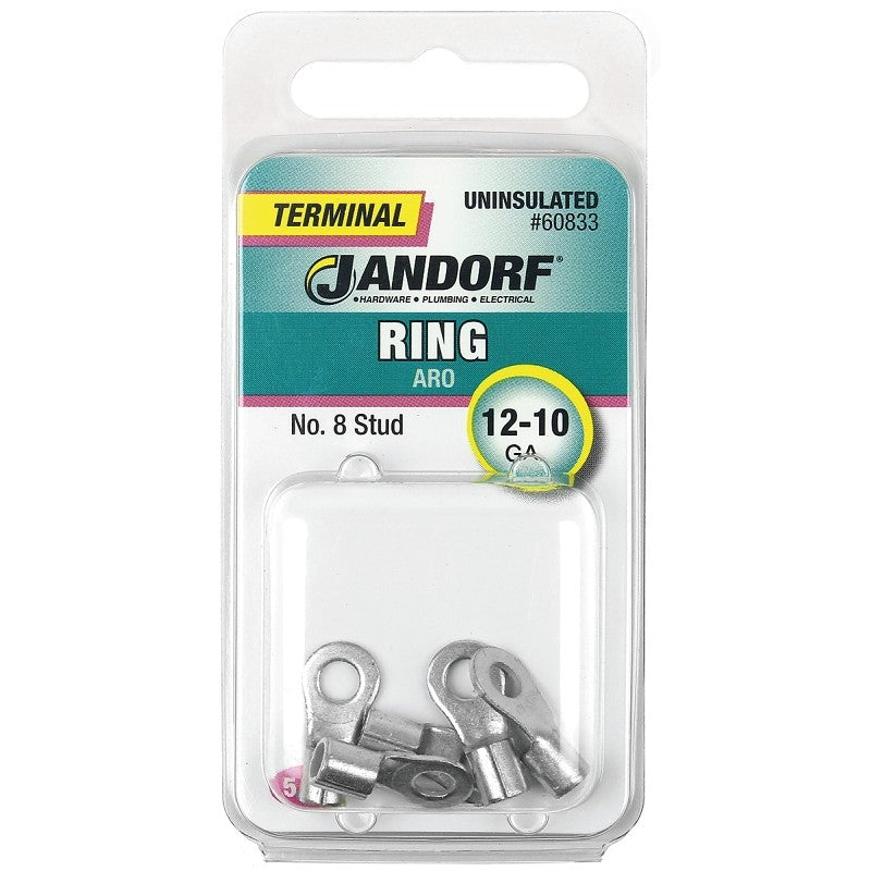 Jandorf 60833 Ring Terminal, 12 to 10 AWG Wire, #8 Stud, Copper Contact