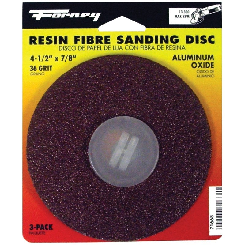 Forney 71668 Sanding Disc, 4-1/2 in Dia, 7/8 in Arbor, Coated, 36 Grit, Extra Coarse, Aluminum Oxide Abrasive