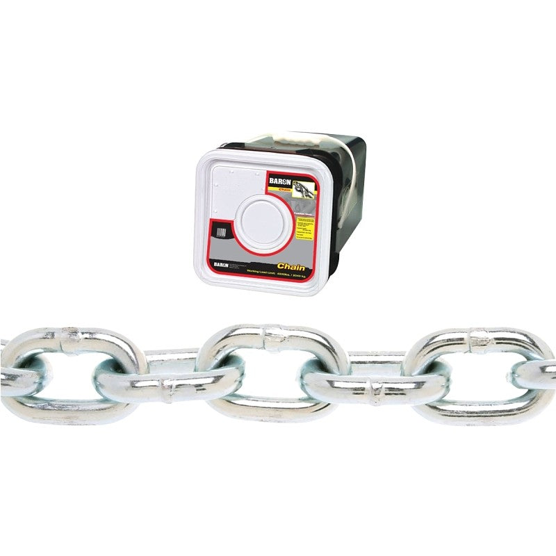 Baron PC30516SP Proof Coil Chain, 5/16 in, 75 ft L, 30 Grade, Steel, Zinc