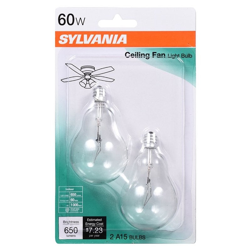 Sylvania 10894 Incandescent Lamp, 60 W, A15 Lamp, Candelabra E12 Lamp Base, 650 Lumens, 1000 hr Average Life