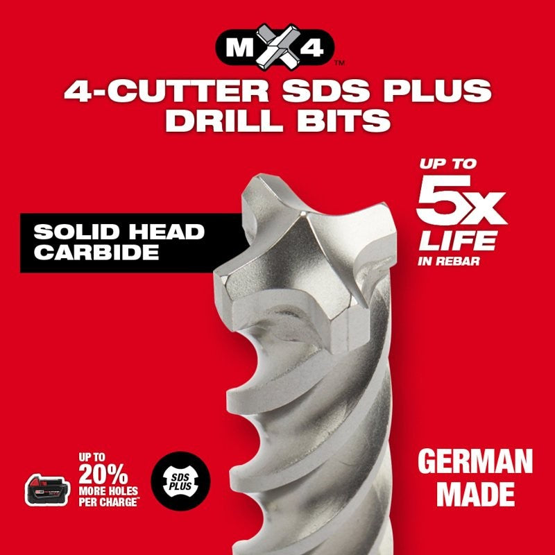 Milwaukee MX4 Series 48-20-7354 4-Cutter Rotary Hammer Drill Bit, 3/8 in Dia, 12 in OAL, 4 -Flute, 13/32 in Dia Shank