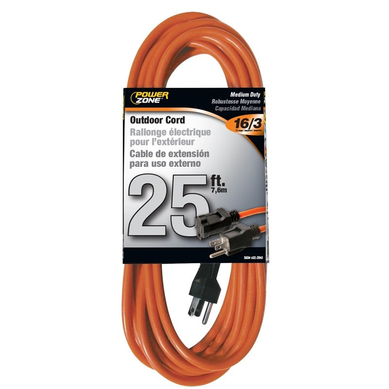 PowerZone OR501625 Extension Cord, 16 AWG Cable, 5-15P Grounded Plug, 5-15R Grounded Receptacle, 25 ft L, 125 V