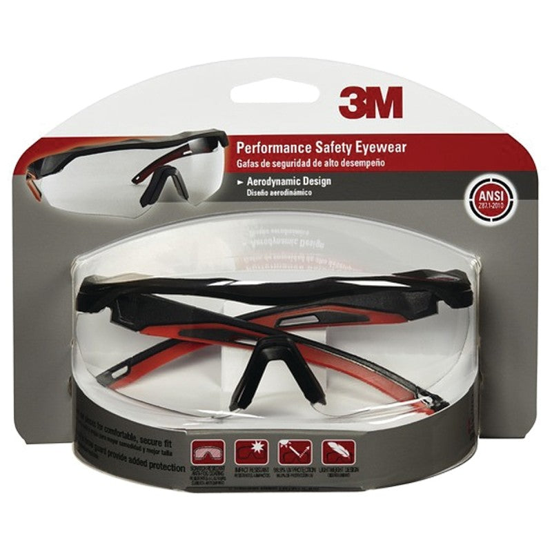 3M 47090-WZ4 Safety Glasses, Clear Lens, Black/Red Frame, Anti-Fog, Anti-Scratch Lens, Wraparound Frame