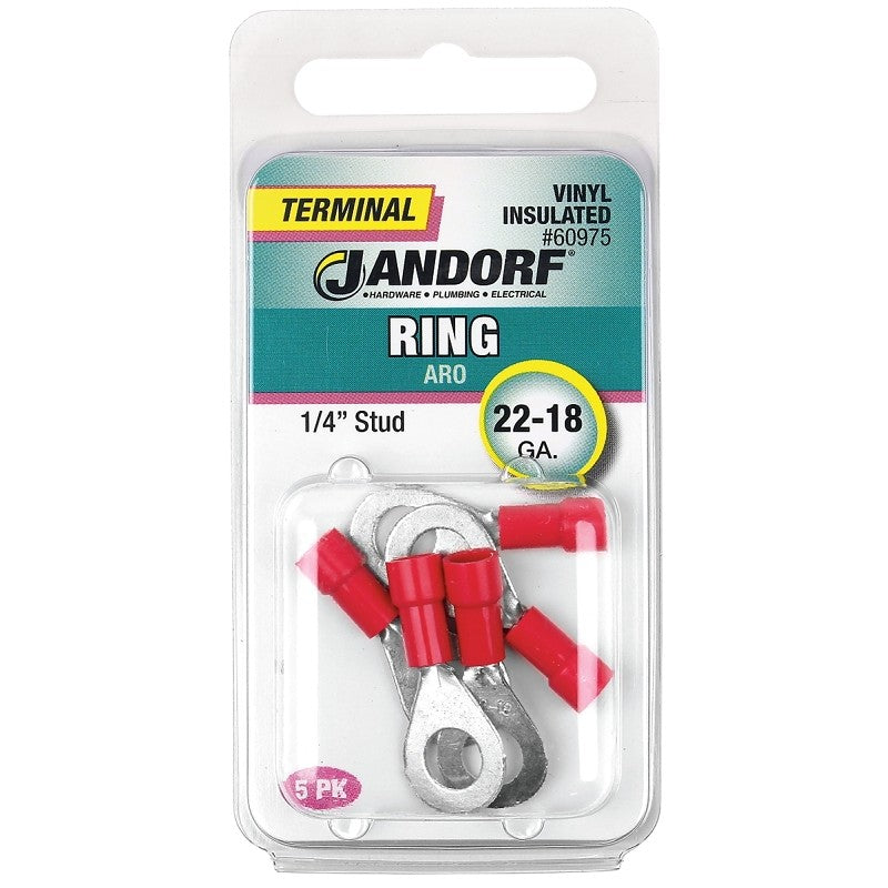 Jandorf 60975 Ring Terminal, 22 to 18 AWG Wire, 1/4 in Stud, Vinyl Insulation, Copper Contact, Red