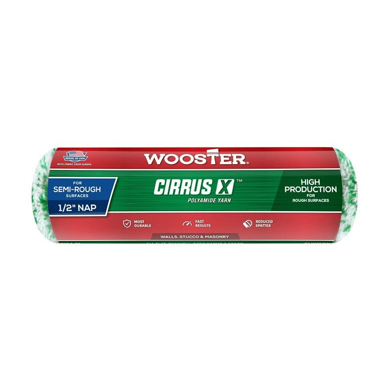 Wooster Cirrus X Series R184-9 Roller Cover, 1/2 in Thick Nap, 9 in L, Polyamide Yarn Fabric/Polypropylene Cover