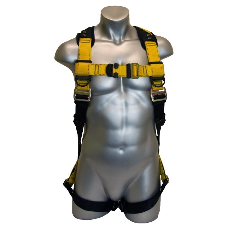 Guardian Fall Protection 37101 Full Body Harness, M/L, 130 to 420 lb, Black/Yellow, Spring Loaded Adjuster Torso Buckle
