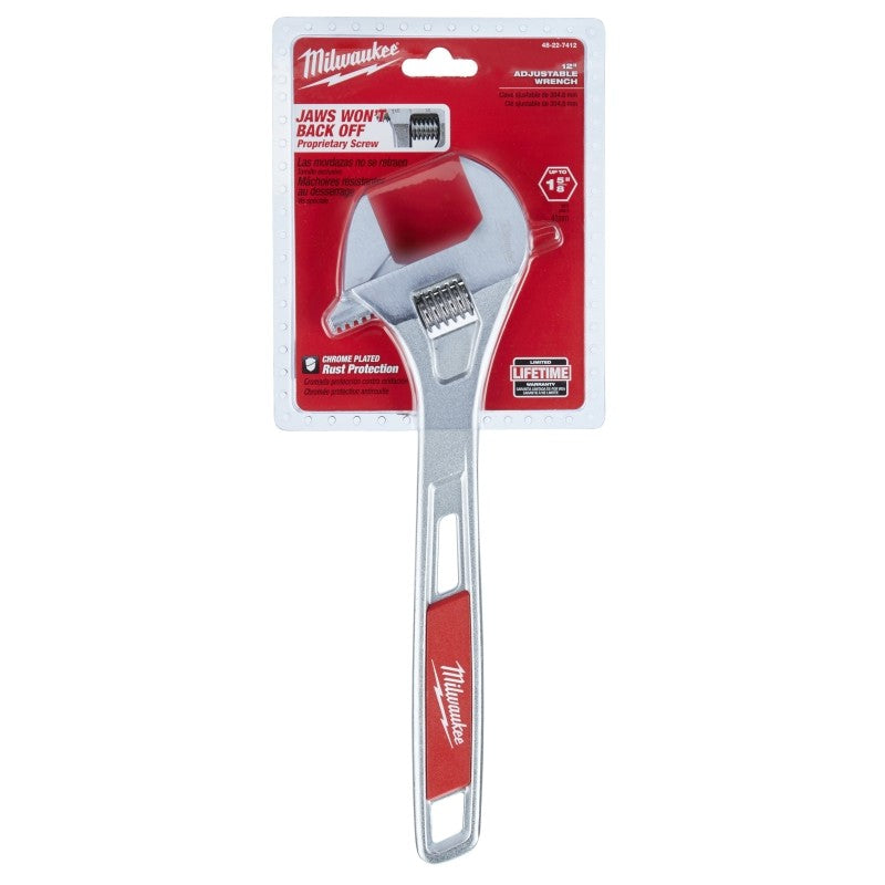 Milwaukee 48-22-7412 Adjustable Wrench, 12 in OAL, 1-5/8 in Jaw, Steel, Chrome, Ergonomic Handle