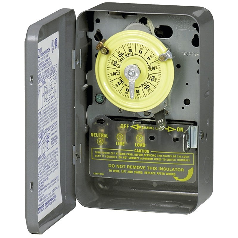 Intermatic T104 Mechanical Timer Switch, 40 A, 208/277 V, 3 W, 24 hr Time Setting, Gray, 12 On/Off Cycles Per Day Cycle